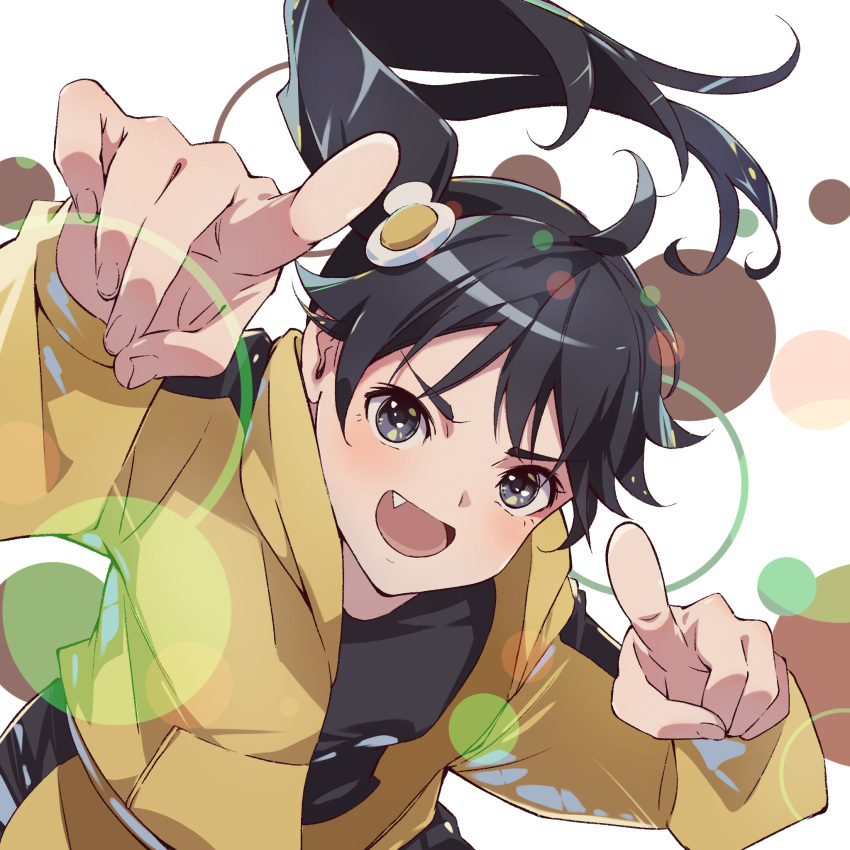 1girl, :d, araragi_karen, black_eyes, black_hair, black_jacket, black_shirt, black_shorts, blush, circle, egg_hair_ornament, fang, floating_hair, food-themed_hair_ornament, fried_egg, furrowed_brow, hair_ornament, hands_up, hatanana_(ag6uptphhal3frd), highres, index_fingers_raised, jacket, long_hair, long_sleeves, monogatari_(series), multicolored_clothes, multicolored_jacket, nisemonogatari, open_clothes, open_jacket, open_mouth, pointing, pointing_at_viewer, shirt, shorts, side_ponytail, single_vertical_stripe, smile, solo, t-shirt, track_jacket, two-tone_jacket, two-tone_shorts, upper_body, white_background, yellow_jacket, yellow_shorts