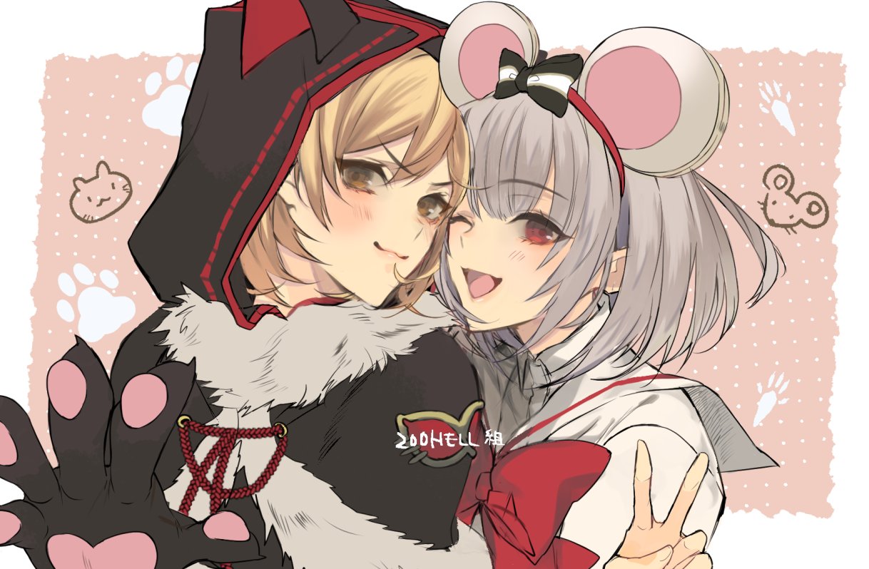 2girls, animal_ears, animal_hands, animal_hood, bow, cat_hood, djeeta_(granblue_fantasy), fake_animal_ears