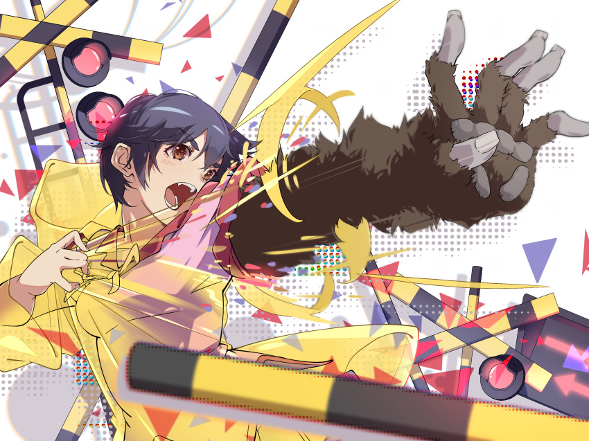 1girl, adjusting_clothes, bakemonogatari, black_hair, blush, boom_barrier, breasts, brown_eyes