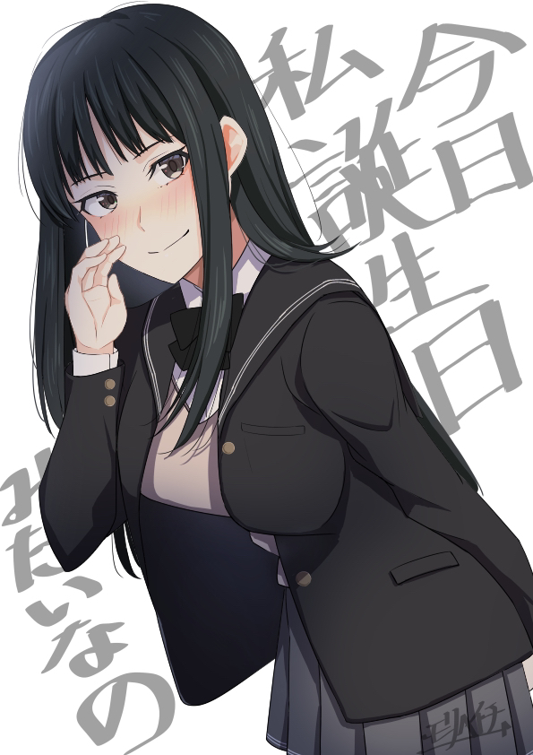 1girl, amagami, arm_behind_back, artist_name, ayatsuji_yukari, bent_over, black_bow, black_bowtie