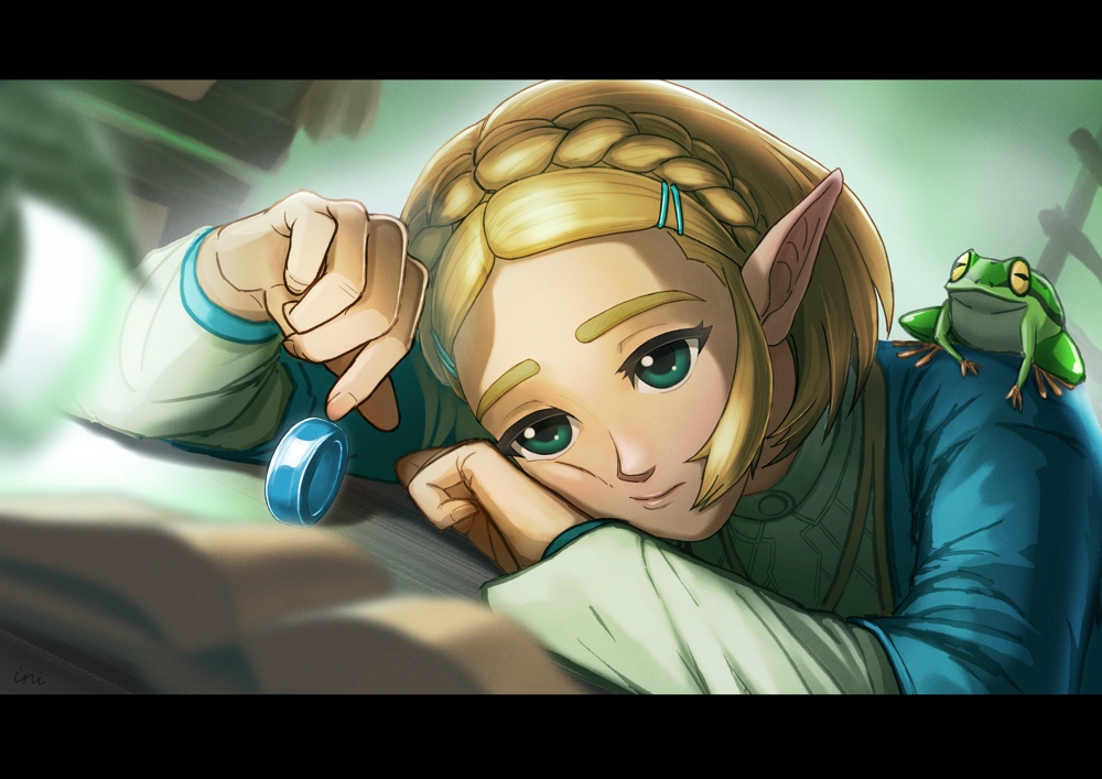 1girl, blonde_hair, blue_shirt, braid, commentary, crown_braid, frog, green_eyes