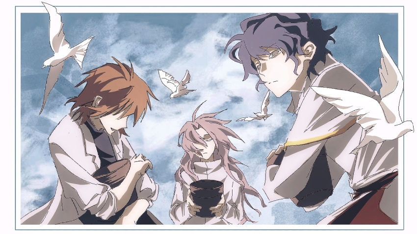3boys, bird, black_shirt, blue_sky, border, brown_hair, capelet, closed_eyes