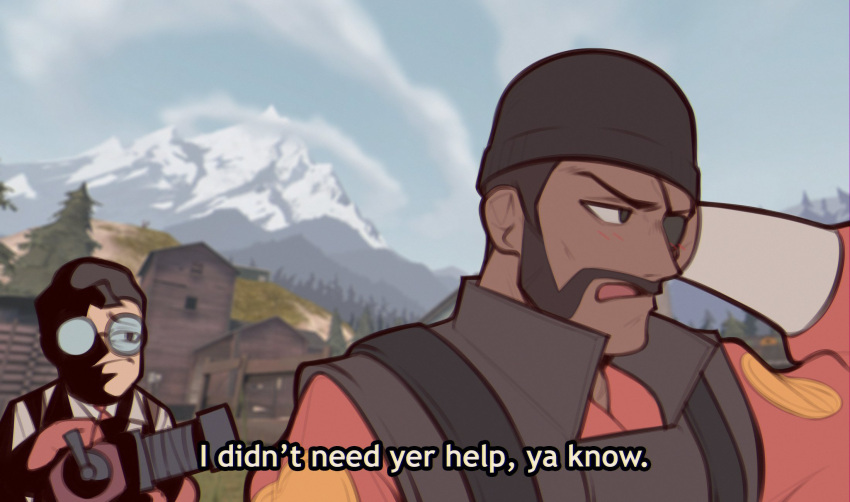2boys, arm_behind_head, black_eyes, black_facial_hair, black_hair, black_hat, black_vest, blue_sky
