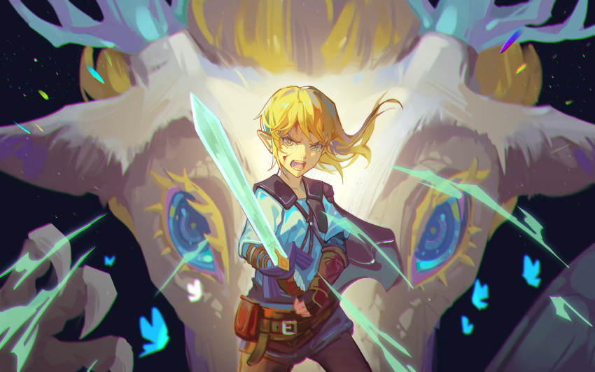 1boy, absurdres, belt_pouch, black_cape, blonde_hair, cape, champion's_tunic_(zelda), highres, light_dragon_(zelda), link, master_sword, medium_hair, open_mouth, pouch, the_legend_of_zelda, the_legend_of_zelda:_tears_of_the_kingdom, vambraces, xinghen_az