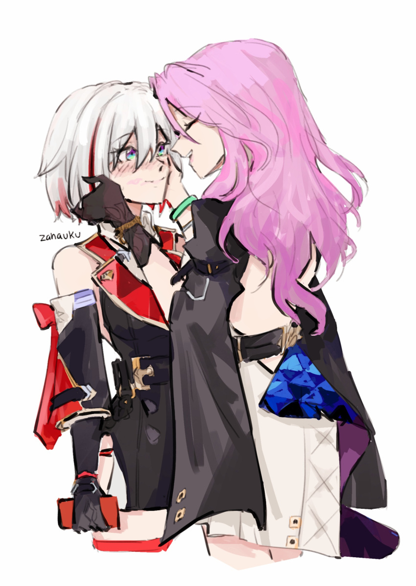 2girls, bare_shoulders, black_coat, black_dress, black_gloves, blush, bracelet, closed_eyes