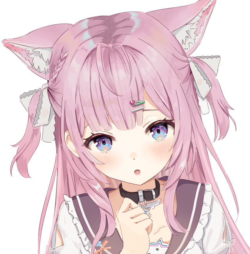 1girl, :o, animal_ear_fluff, animal_ears, antenna_hair, arm_cutout, belt, belt_collar