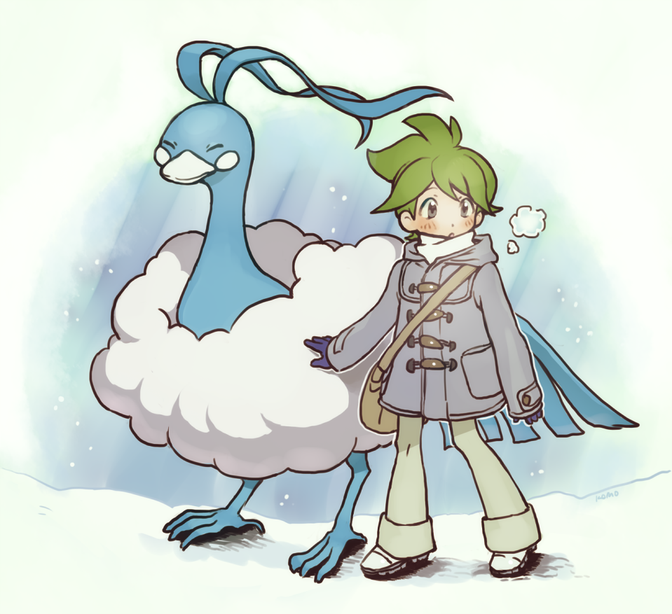 1boy, altaria, bag, beak, bird, blue_gloves, blush, brown_bag