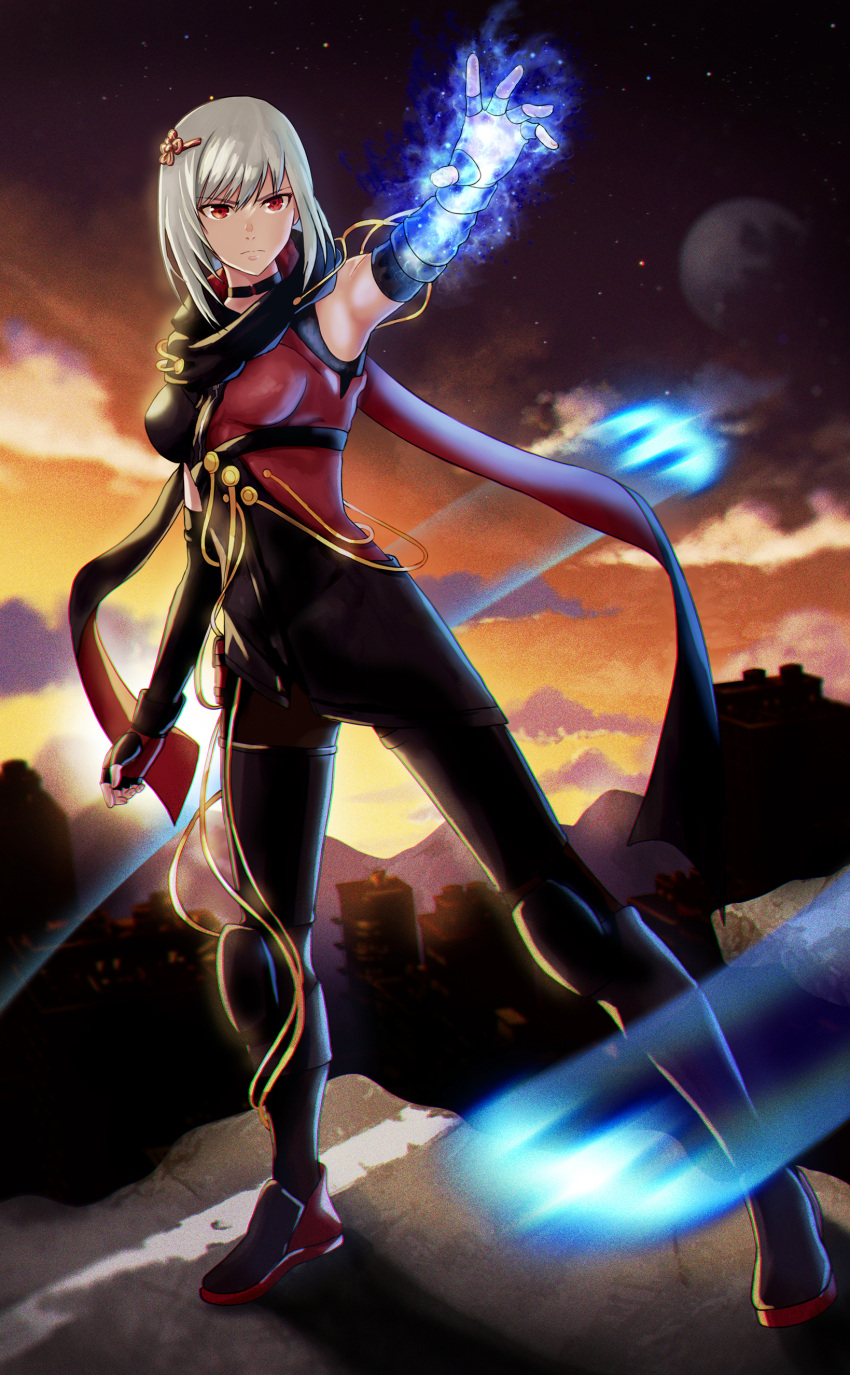 1girl, absurdres, black_choker, breasts, choker, gloves, grey_hair, hair_ornament