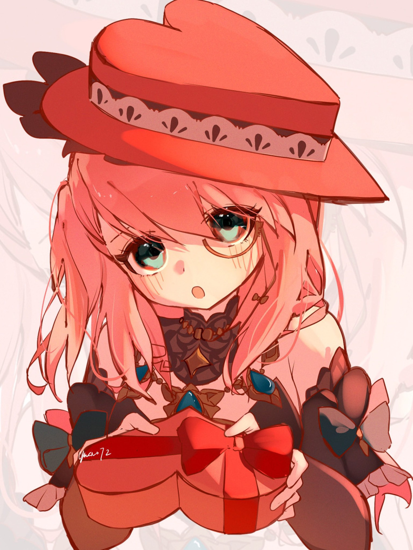 1girl, alternate_costume, aqua_eyes, blue_gemstone, bow, box, charlotte_(genshin_impact), gem