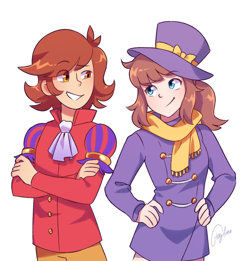 1boy, 1girl, a_hat_in_time, aged_up, alternate_universe, ascot, blue_eyes, bow