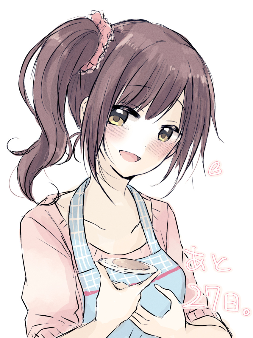 1girl, :d, apron, baran._(ba_ra_ran), blue_apron, blush, breasts, brown_hair