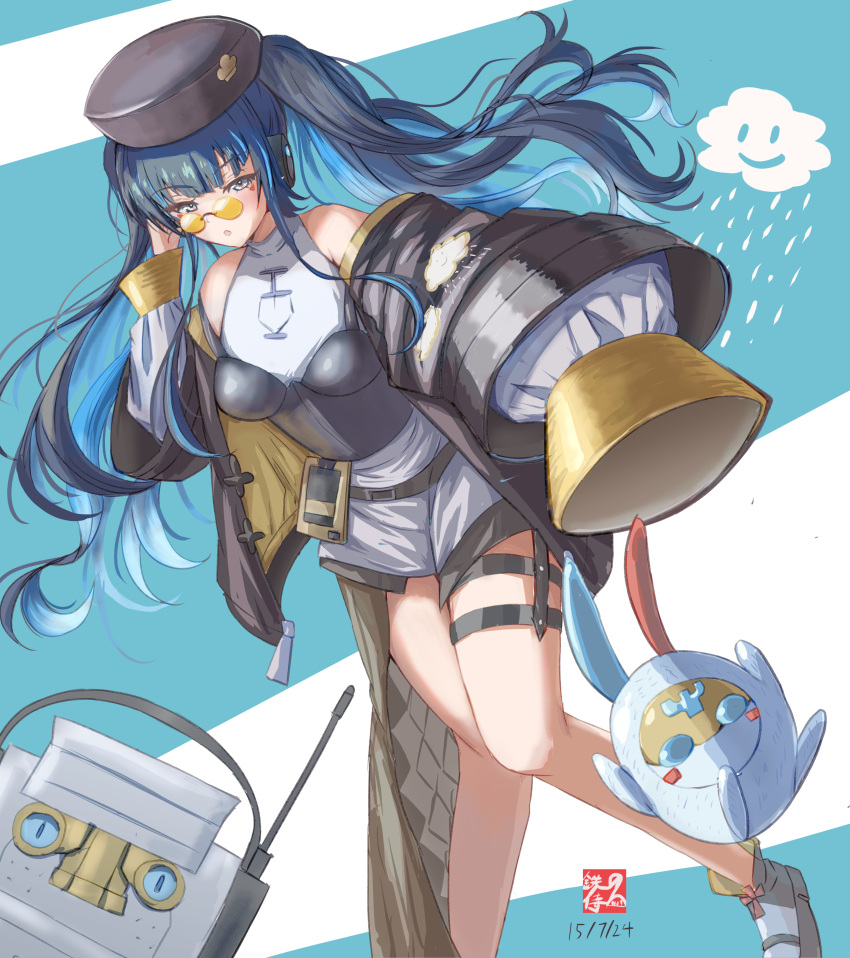 absurdres, bare_legs, bare_shoulders, black_hair, black_hat, black_jacket, blue_hair, colored_inner_hair, fate/grand_order, fate_(series), hand_on_headphones, hat, headphones, highres, jacket, multicolored_hair, round_eyewear, shorts, sunglasses, tenochtitlan_(fate), tetsu_no_samurai, twintails, two-tone_hair, yellow-framed_eyewear
