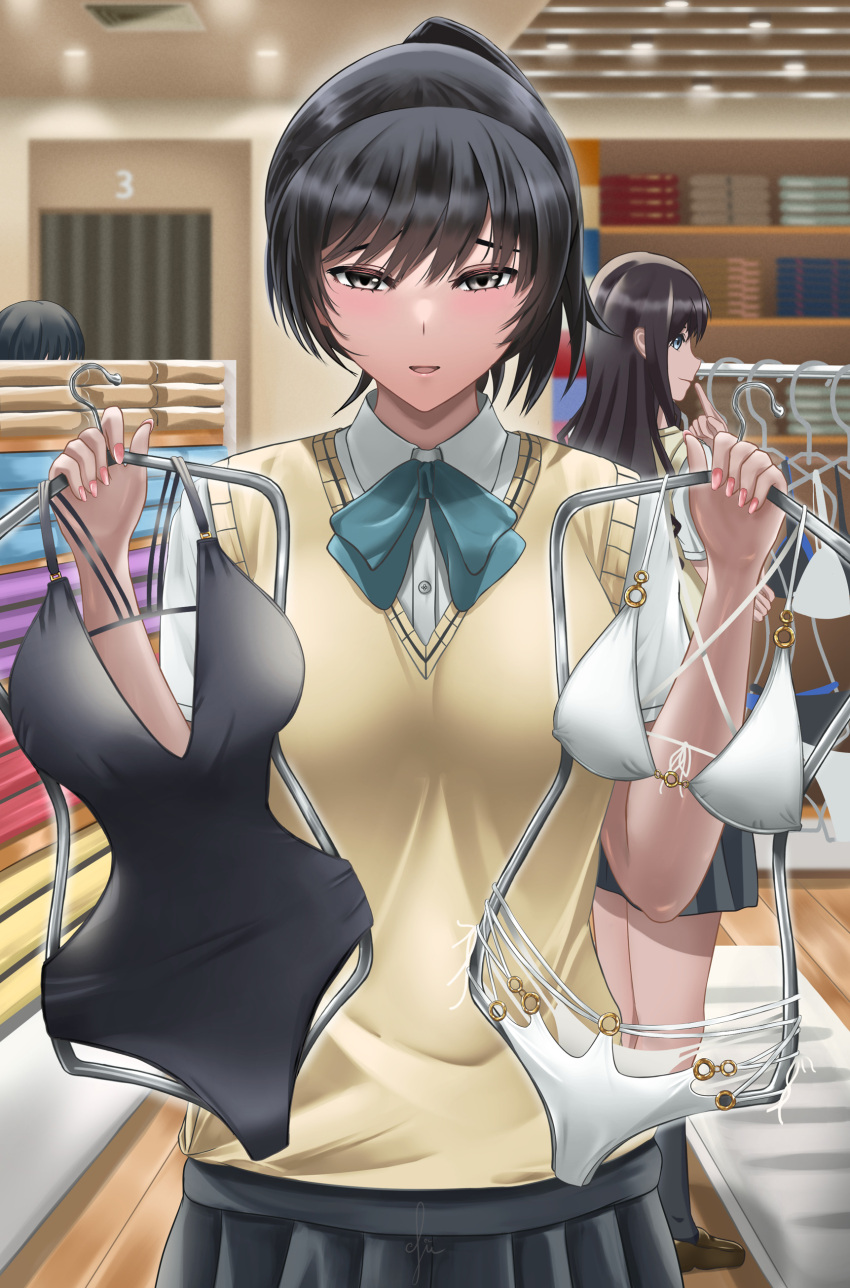 3girls, absurdres, amagami, bikini, black_eyes, black_one-piece_swimsuit, black_skirt, blue_bow