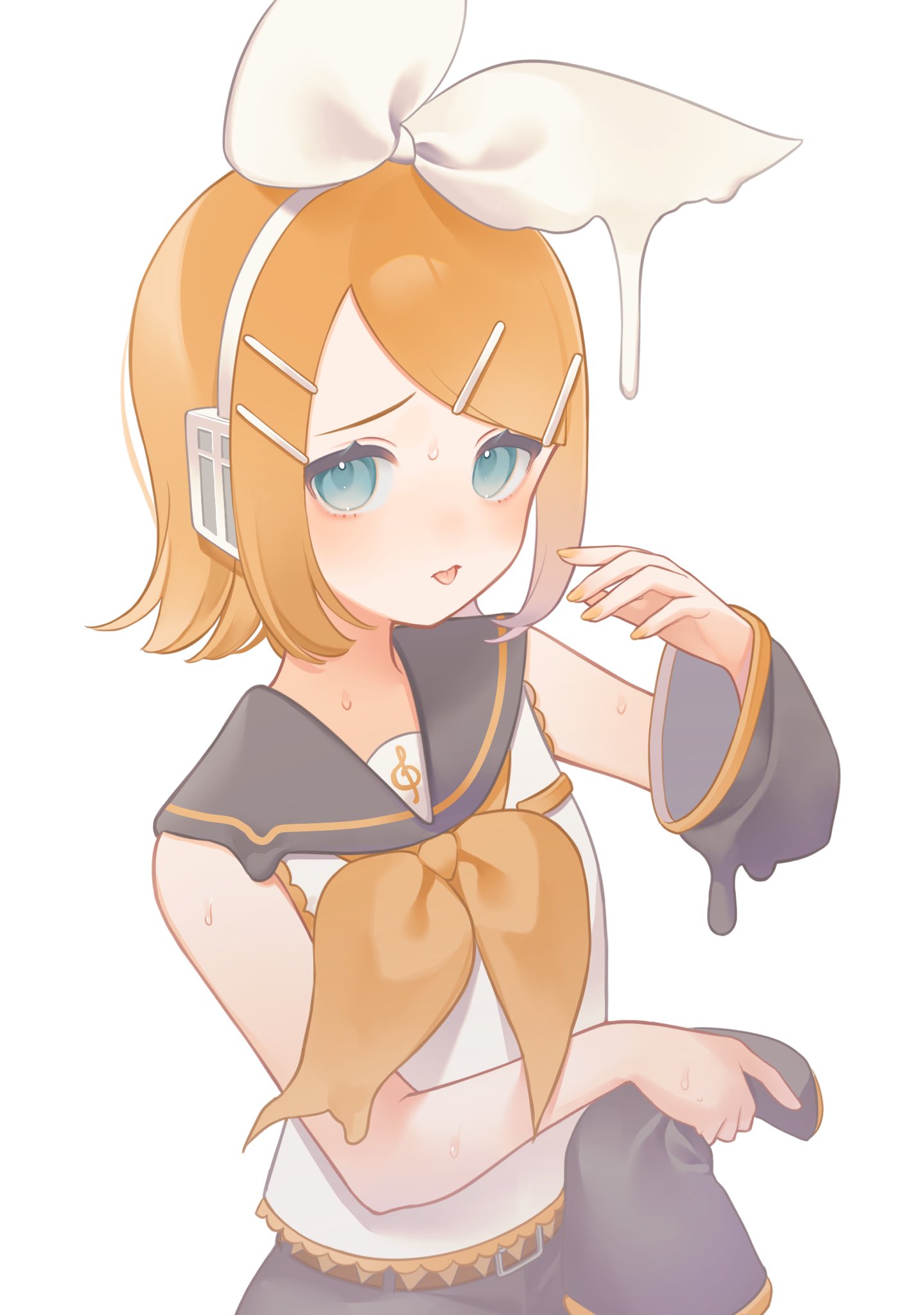 1girl, aqua_eyes, bare_shoulders, belt, belt_buckle, blonde_hair, bow, brown_belt