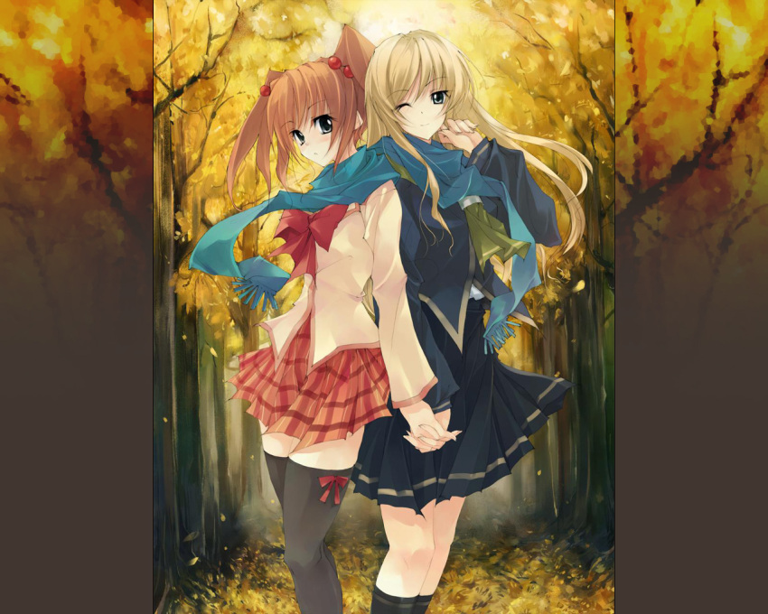 back-to-back, black_legwear, blonde_hair, blue_eyes, blush, bow, forest, hair_bobbles