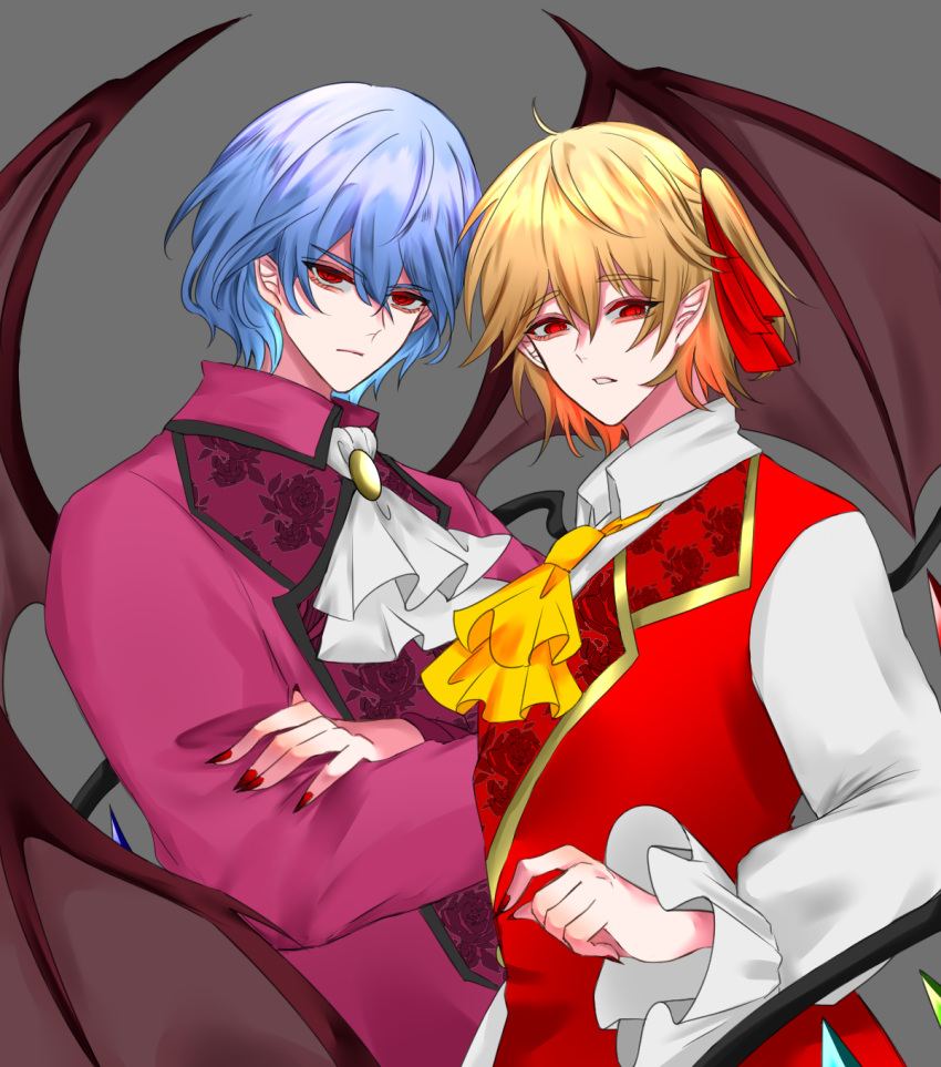 2boys, 2dio9gwjal28761, ahoge, alternate_costume, ascot, bat_wings, blonde_hair, blue_hair