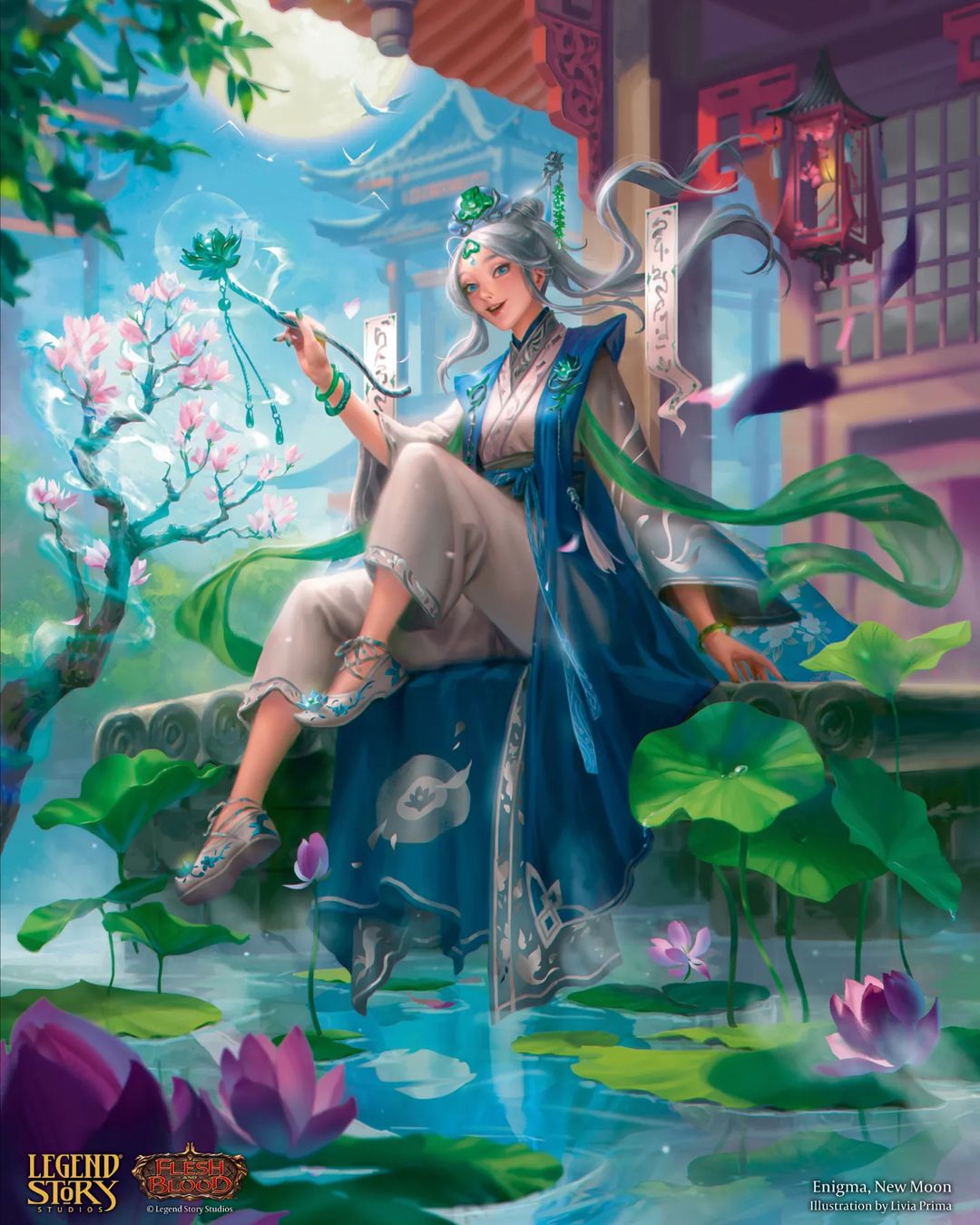 1girl, architecture, bangle, blue_eyes, bracelet, east_asian_architecture, enigma_(flesh_and_blood), flesh_and_blood, flower_wand, forehead_jewel, grey_hair, highres, holding, holding_wand, jewelry, livia_prima, long_hair, looking_at_viewer, moon, official_art, parted_lips, purple_petals, sky, smile, solo, tagme, teeth, wand