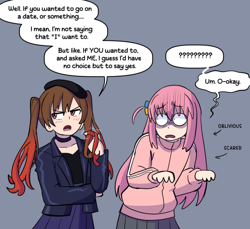 ._., 2girls, ?, ??, bocchi_the_rock!, brown_eyes, brown_hair, clueless