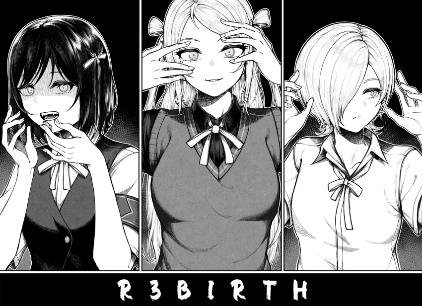 3girls, absurdres, armband, breasts, closed_mouth, collarbone, collared_shirt, commentary