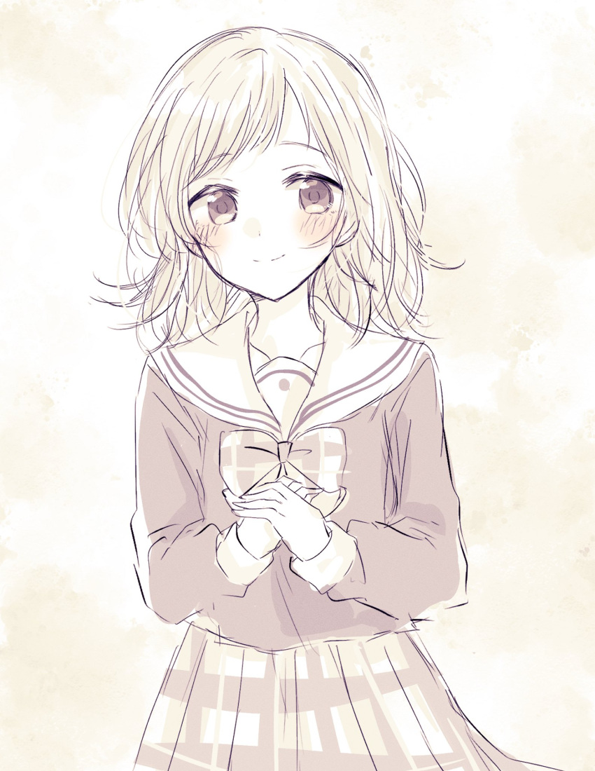 1girl, baran._(ba_ra_ran), blush, bow, bowtie, brown_background, closed_mouth, collarbone
