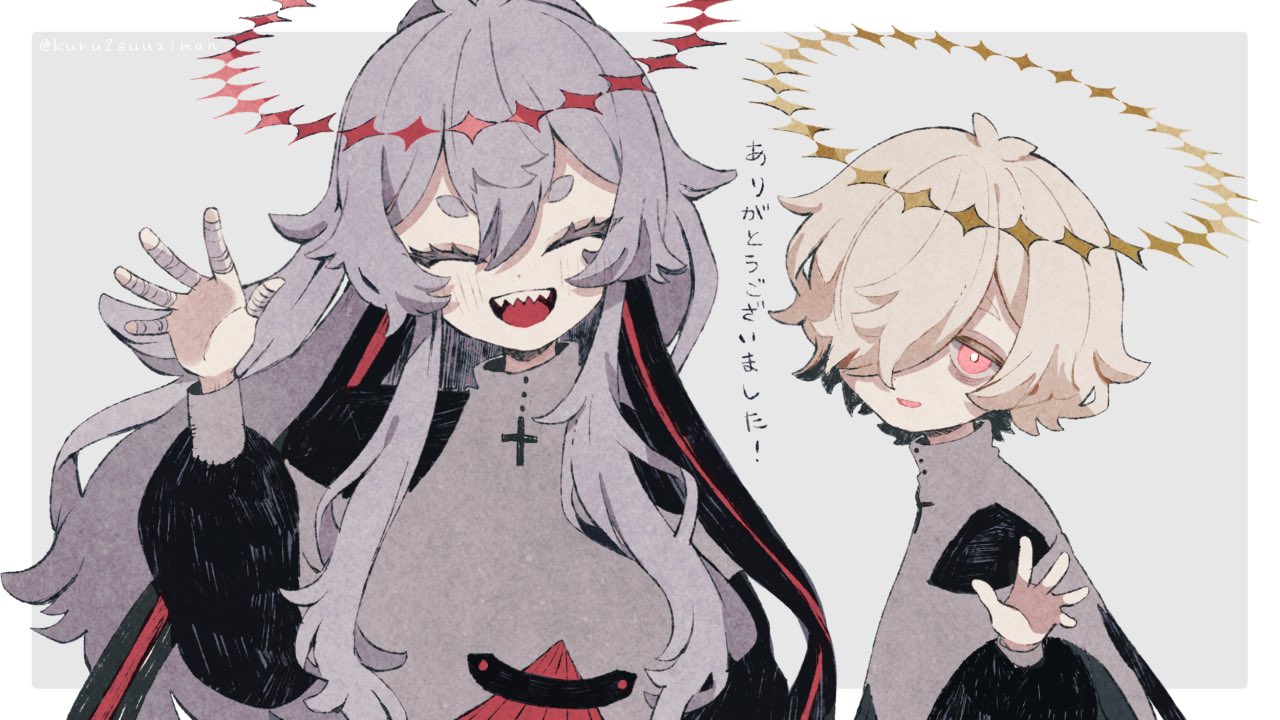 1boy, 1girl, :d, androgynous, bags_under_eyes, bandaged_fingers, bandages, black_shirt