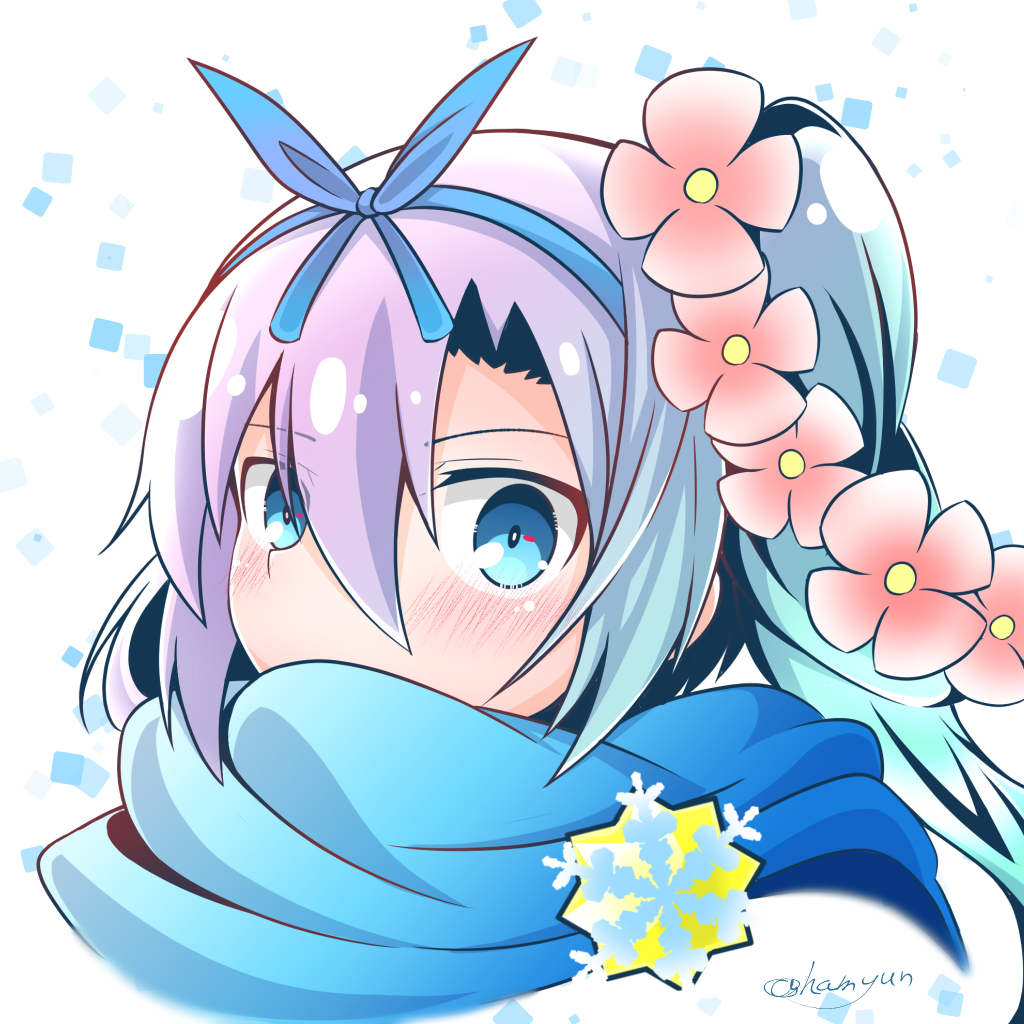 1girl, artist_name, blue_eyes, blue_hair, blue_hairband, blue_scarf, blush, bow_hairband