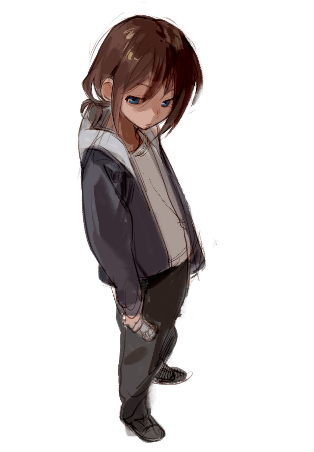 1girl, black_pants, blue_eyes, blue_jacket, brown_hair, closed_mouth, commentary, cracy_logan