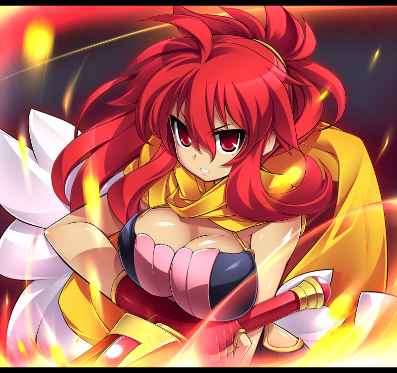 cleavage, fire, flame, katami_shinta, large_breasts, letterboxed, long_hair, open_mouth