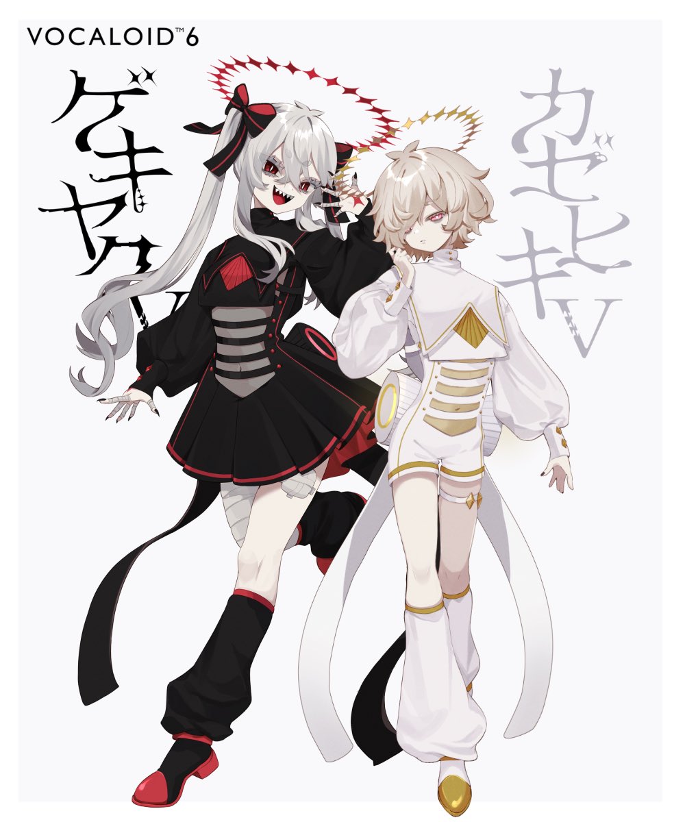 1boy, 1girl, :d, androgynous, antenna_hair, bags_under_eyes, bandaged_fingers, bandaged_leg