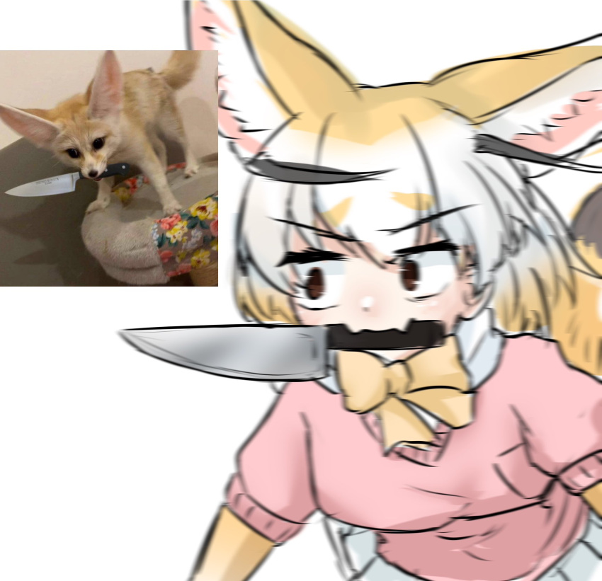1girl, animal_ear_fluff, animal_ears, blonde_hair, bow, bowtie, brown_eyes, commentary