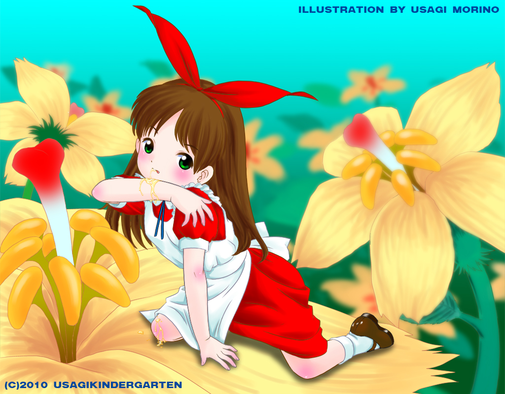 1girl, apron, artist_name, blurry, blush, brown_footwear, brown_hair, circle_name