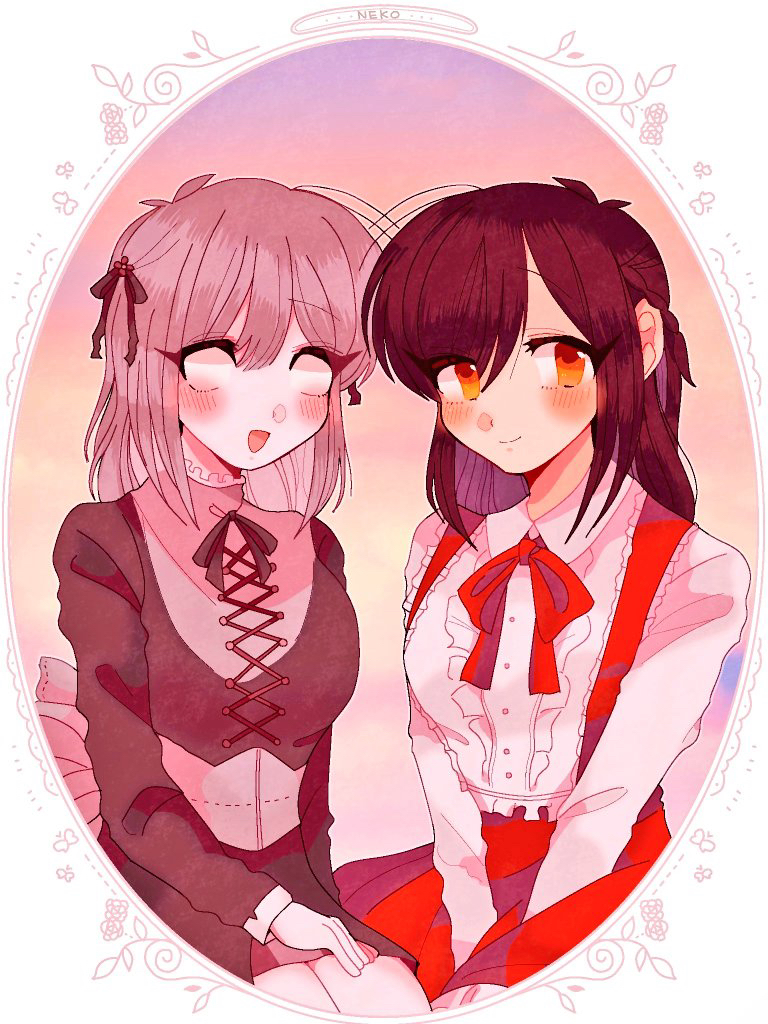 2girls, apukoma, black_ribbon, brown_eyes, brown_hair, character_name, character_request, closed_mouth