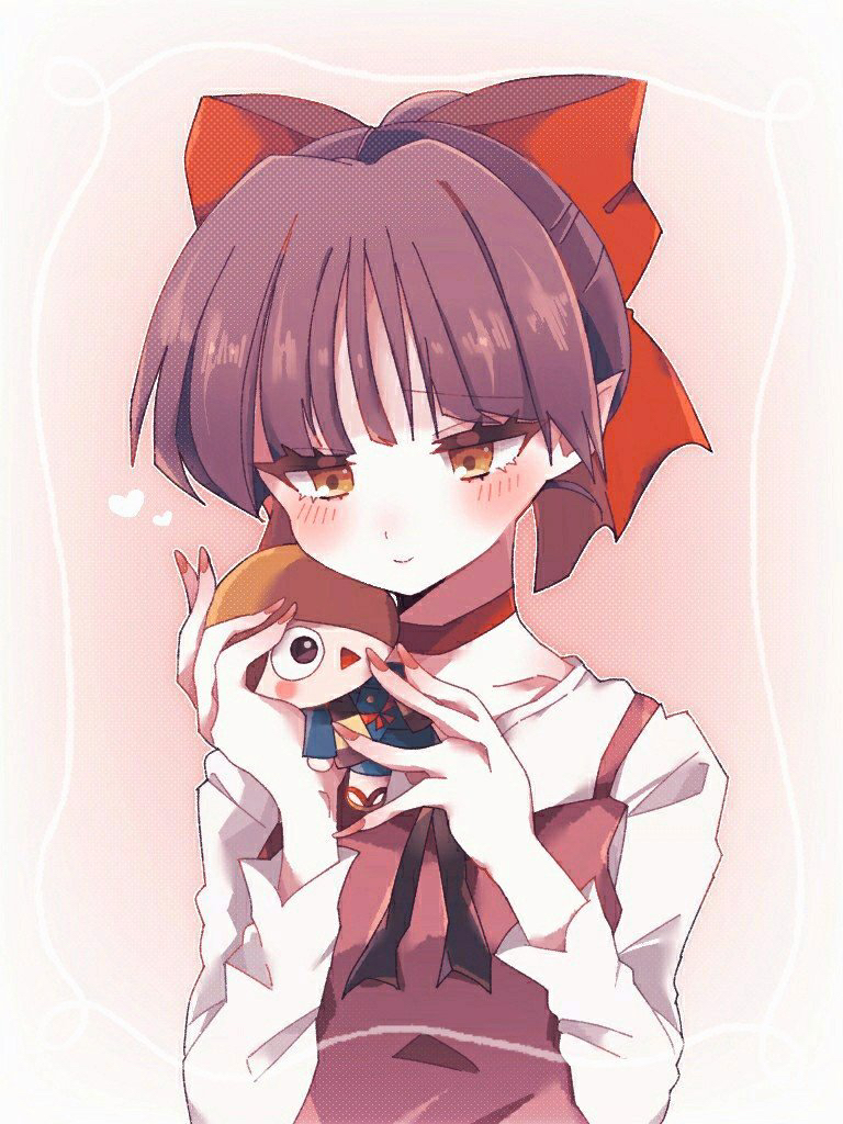 1girl, apukoma, bow, brown_eyes, character_doll, choker, closed_mouth, eyelashes
