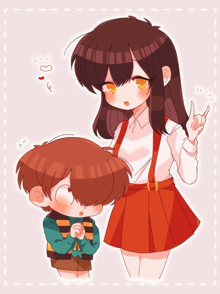 1boy, 1girl, apukoma, blush, brown_hair, brown_shorts, cropped_legs, fox_shadow_puppet