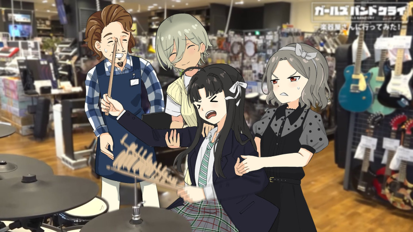 >_<, 1boy, 3girls, ^_^, ahoge, apron, awa_subaru, black_dress