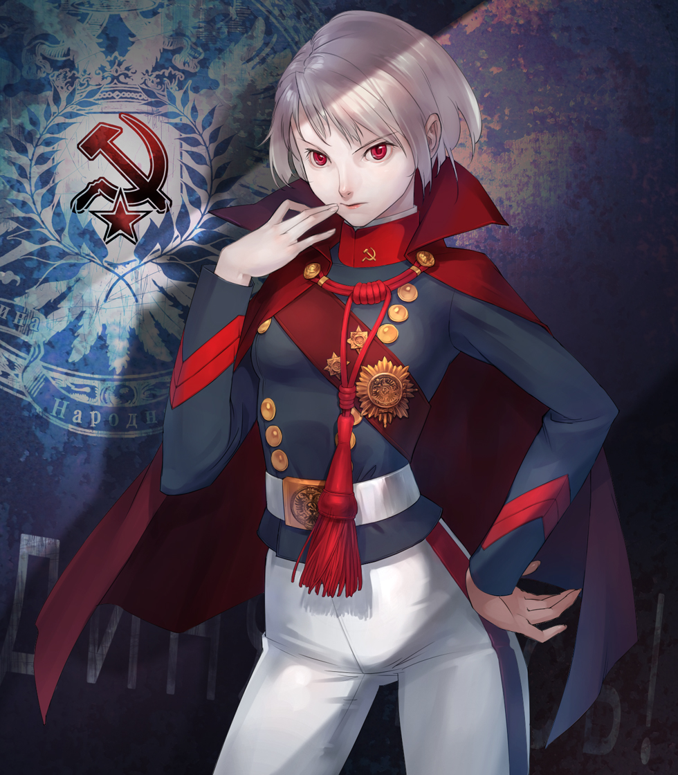 asa_(y-asa), cape, communism, finger_to_mouth, hammer_and_sickle, hand_on_hip, military, military_uniform, original, red_eyes, russian, short_twintails, silver_hair, solo, soviet, twintails, uniform