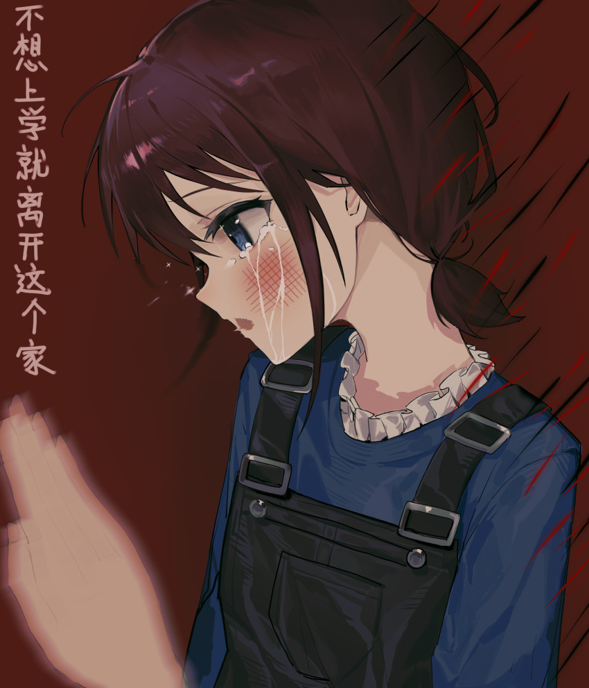 1girl, 1other, absurdres, angry, anli_(jwcpp4sum0mgk5r), black_overalls, blue_eyes, blue_sweater