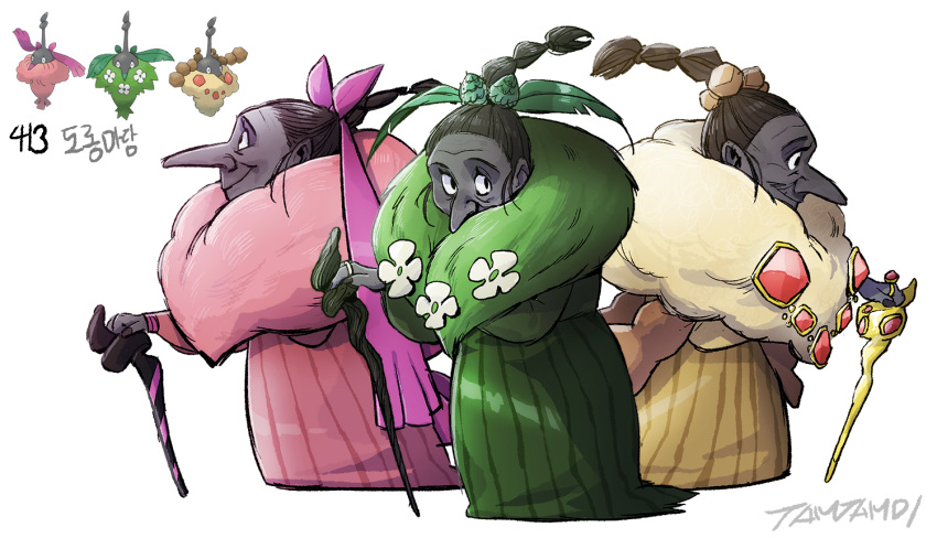 3girls, black_hair, braid, brown_dress, colored_skin, dress, fur_scarf, green_dress