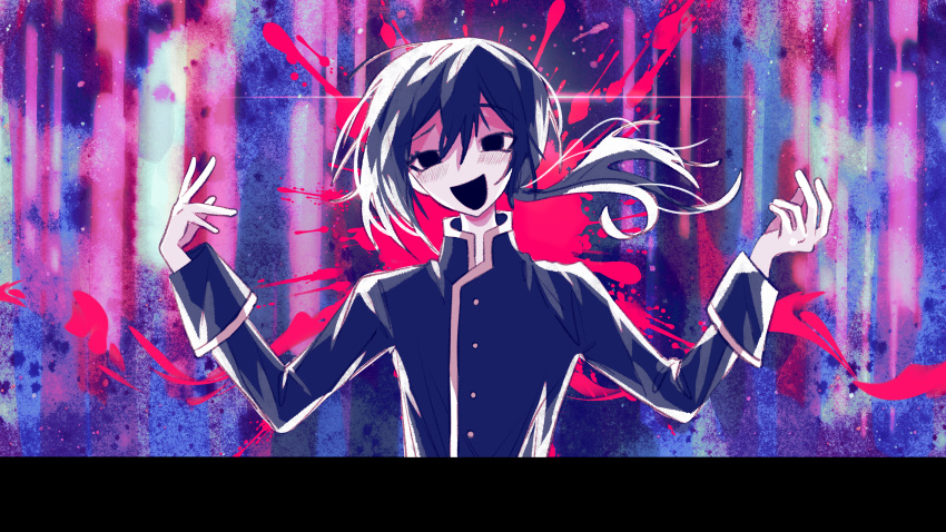 1boy, :d, absurdres, androgynous, black_eyes, black_hair, black_mouth, blood