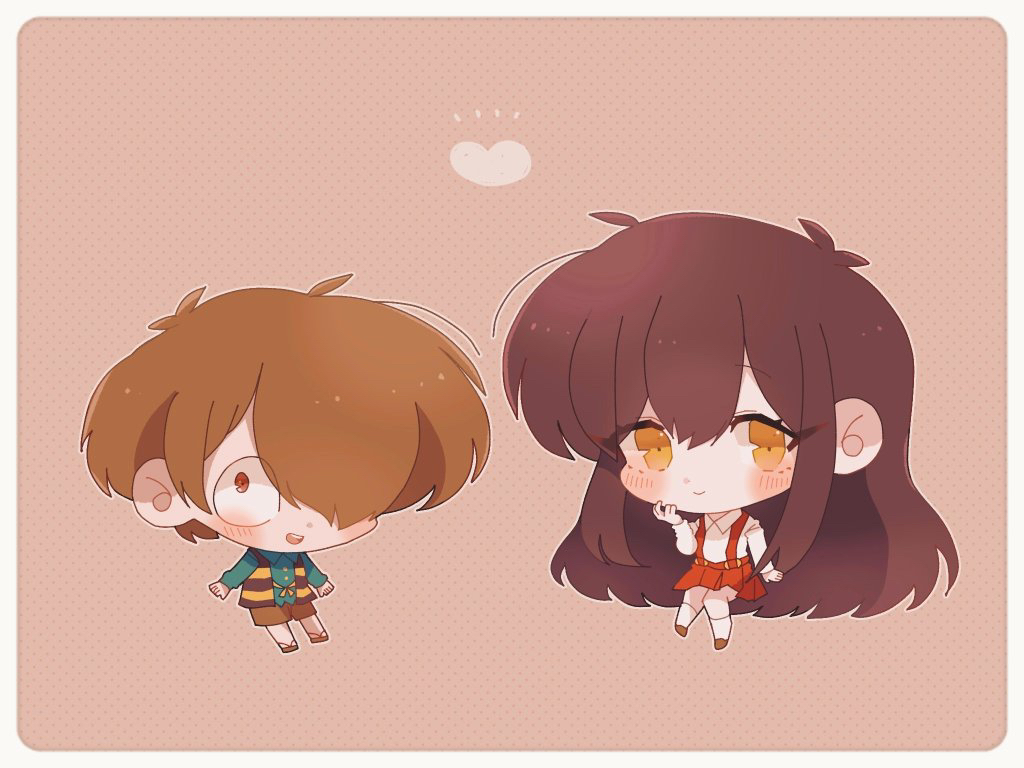 1boy, 1girl, apukoma, blush, border, brown_eyes, brown_hair, chibi