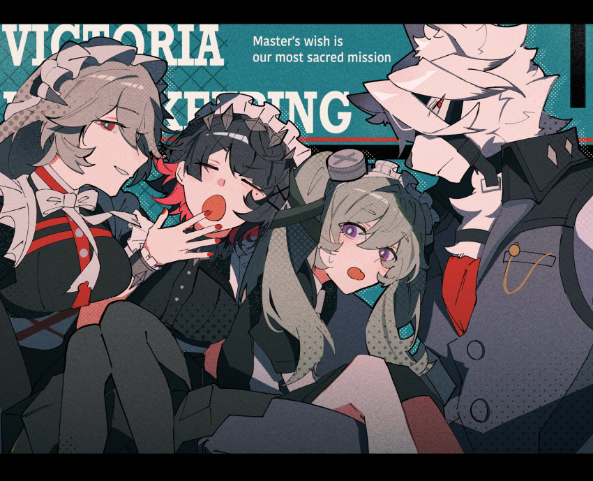 1boy, 3girls, :o, alexandrina_sebastiane, animal_ears, black_dress, black_hair, black_vest, bow, bowtie, closed_eyes, colored_inner_hair, commentary_request, corin_wickes, dress, ellen_joe, english_text, facing_viewer, feet_out_of_frame, furry, furry_male, green_hair, hand_up, highres, knees_up, kon_(konkon_1011), letterboxed, light_brown_hair, long_hair, looking_at_viewer, maid, maid_headdress, mole, mole_under_eye, multicolored_hair, multiple_girls, open_mouth, parted_lips, puffy_short_sleeves, puffy_sleeves, red_eyes, red_nails, redhead, screw_hair_ornament, short_hair, short_sleeves, smile, twintails, vest, violet_eyes, von_lycaon, white_bow, white_bowtie, wolf_boy, wolf_ears, yawning, zenless_zone_zero