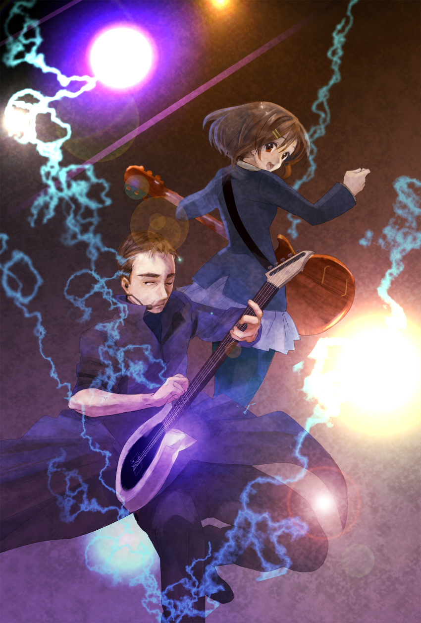 blazer, brown_eyes, brown_hair, electricity, guitar, hair_ornament, hairclip, headset, highres, hirasawa_susumu, hirasawa_yui, instrument, k-on!, lens_flare, school_uniform, suka_k