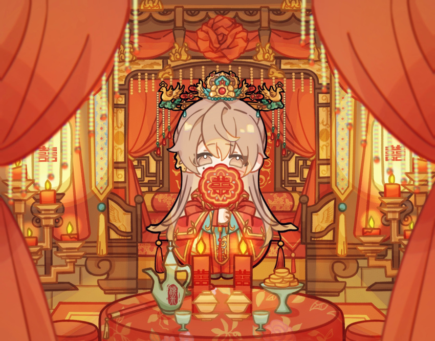 1boy, brown_hair, candle, candlestand, carpet, chair, chibi, chinese_clothes