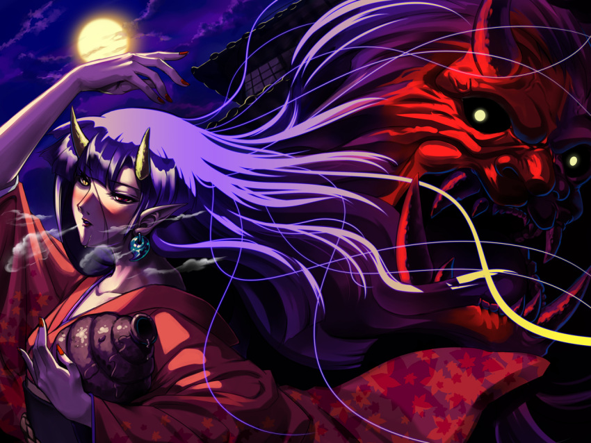 blush, clouds, demon, earring, heterochromia, hinomoto_oniko, holding, horns
