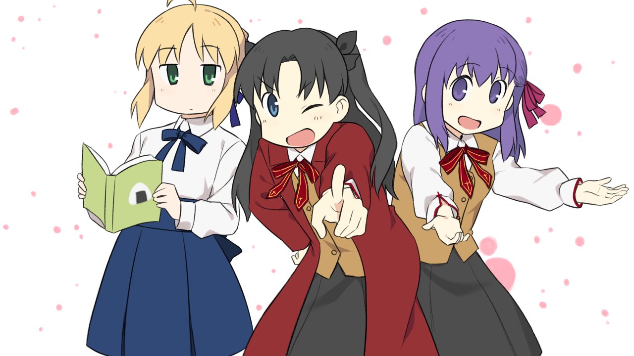 3girls, ;d, arawi_keiichi_(style), artoria_pendragon_(fate), black_hair, black_skirt, blonde_hair, blue_eyes, blue_ribbon, blue_skirt, book, coat, commentary, dun_dudu, fate/stay_night, fate_(series), green_eyes, hand_on_own_hip, holding, holding_book, homurabara_academy_school_uniform, looking_at_viewer, matou_sakura, multiple_girls, neck_ribbon, nichijou, one_eye_closed, parody, pointing, pointing_at_viewer, purple_hair, red_coat, red_ribbon, ribbon, saber_(fate), school_uniform, shirt, skirt, smile, style_parody, tohsaka_rin, two_side_up, vest, violet_eyes, white_shirt, yellow_vest