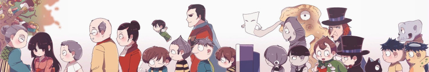 4girls, 6+boys, akuma-kun, apukoma, black_hair, brown_hair, character_request, copyright_request, gegege_no_kitarou, grey_hair, hat, highres, hyakume_(akuma-kun), japanese_clothes, kappa_(kappa_no_sanpei), kappa_no_sanpei, kimono, kitarou, long_nose, medama_oyaji, mephisto_ii, mizuki_shigeru_(style), monster, multiple_boys, multiple_girls, nekomusume, nezumi_otoko, old, old_man, old_woman, one_eye_closed, pink_kimono, redhead, sanpei_(kappa_no_sanpei), shirt, short_hair, striped_clothes, striped_shirt, striped_vest, superhero_costume, top_hat, umoregi_shingo, vest, wide_image