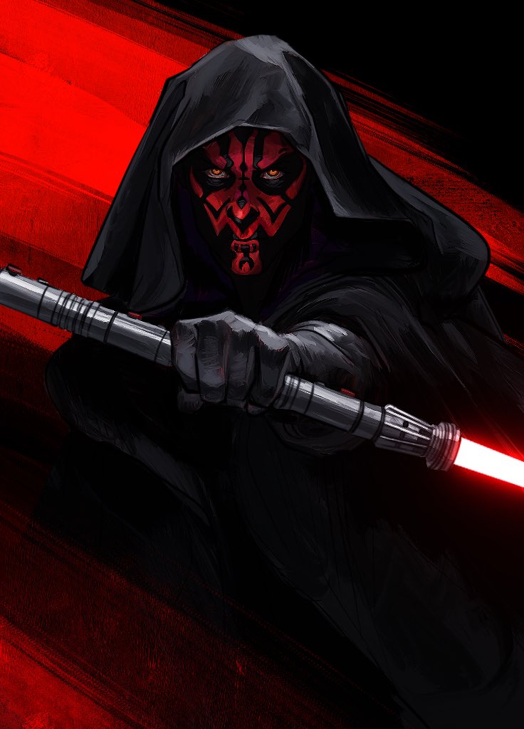 1boy, alien, black_gloves, black_robe, colored_skin, darth_maul, double_bladed_lightsaber, energy_sword