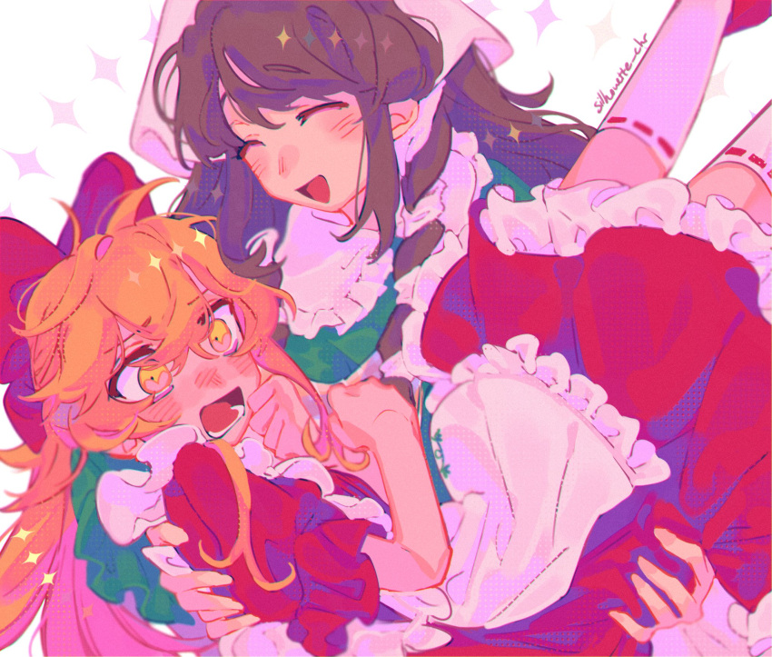 2girls, :d, apron, artist_name, bow, brown_hair, carrying, closed_eyes