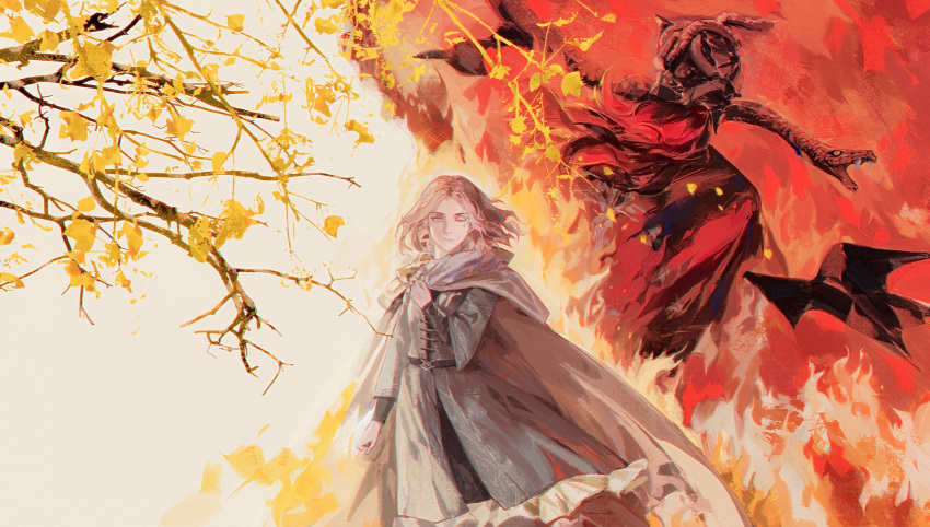 1boy, 1girl, awkwardtomato, branch, brown_cloak, brown_hair, cape, chinese_commentary