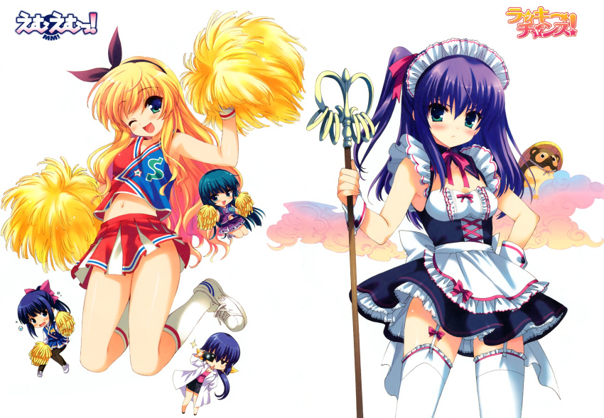 blonde_hair, cheerleader, chibi, hayama_tatsukichi, isurugi_mio, maid, mm!, ohara_tometa, onigawara_michiru, purple_hair, qp:flapper, sakura_koharu, stockings, thigh-highs, trap, white